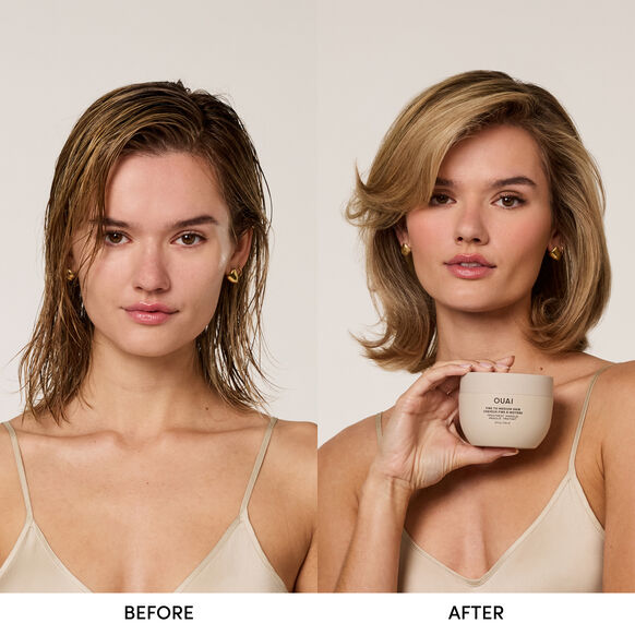 Before and after comparison of a woman with styled hair holding OUAI product container.