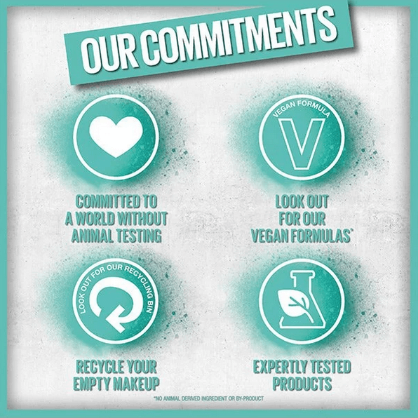 Maybelline Commitments poster with icons and text on a light gray background