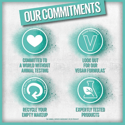 Maybelline Commitments poster with icons and text on a light gray background