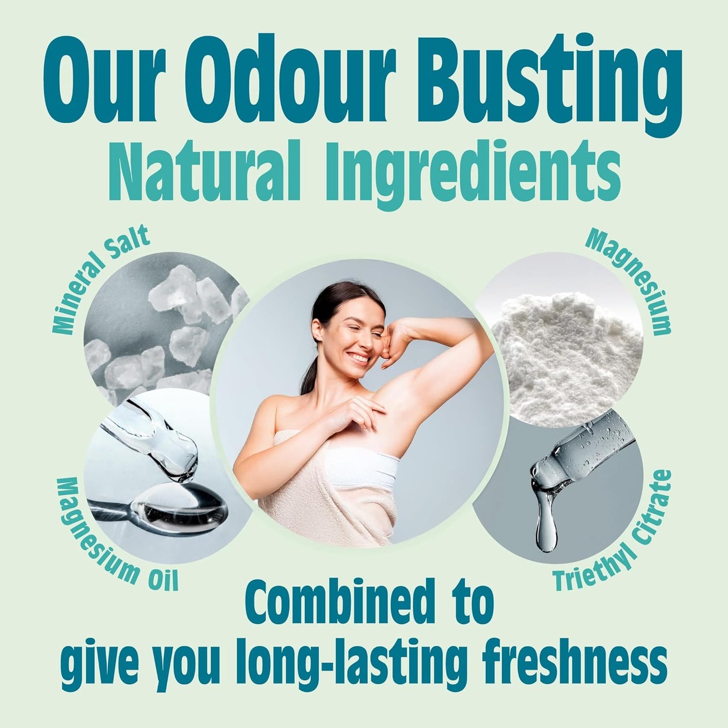 Advertisement for Salt of the Earth natural ingredients used to combat odors, featuring a woman and images of minerals and oils.