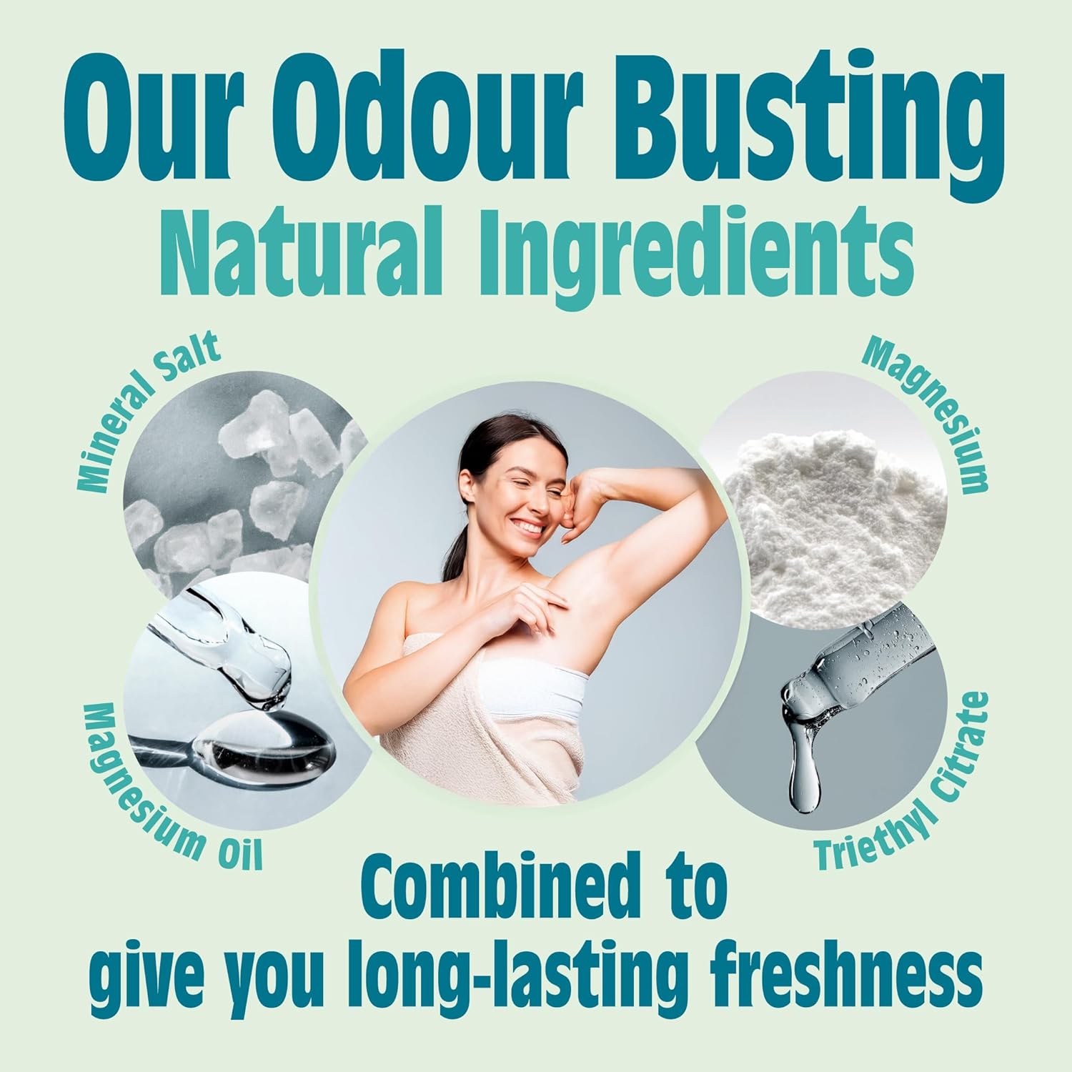 Advertisement for Salt of the Earth natural ingredients used to combat odors, featuring a woman and images of minerals and oils.