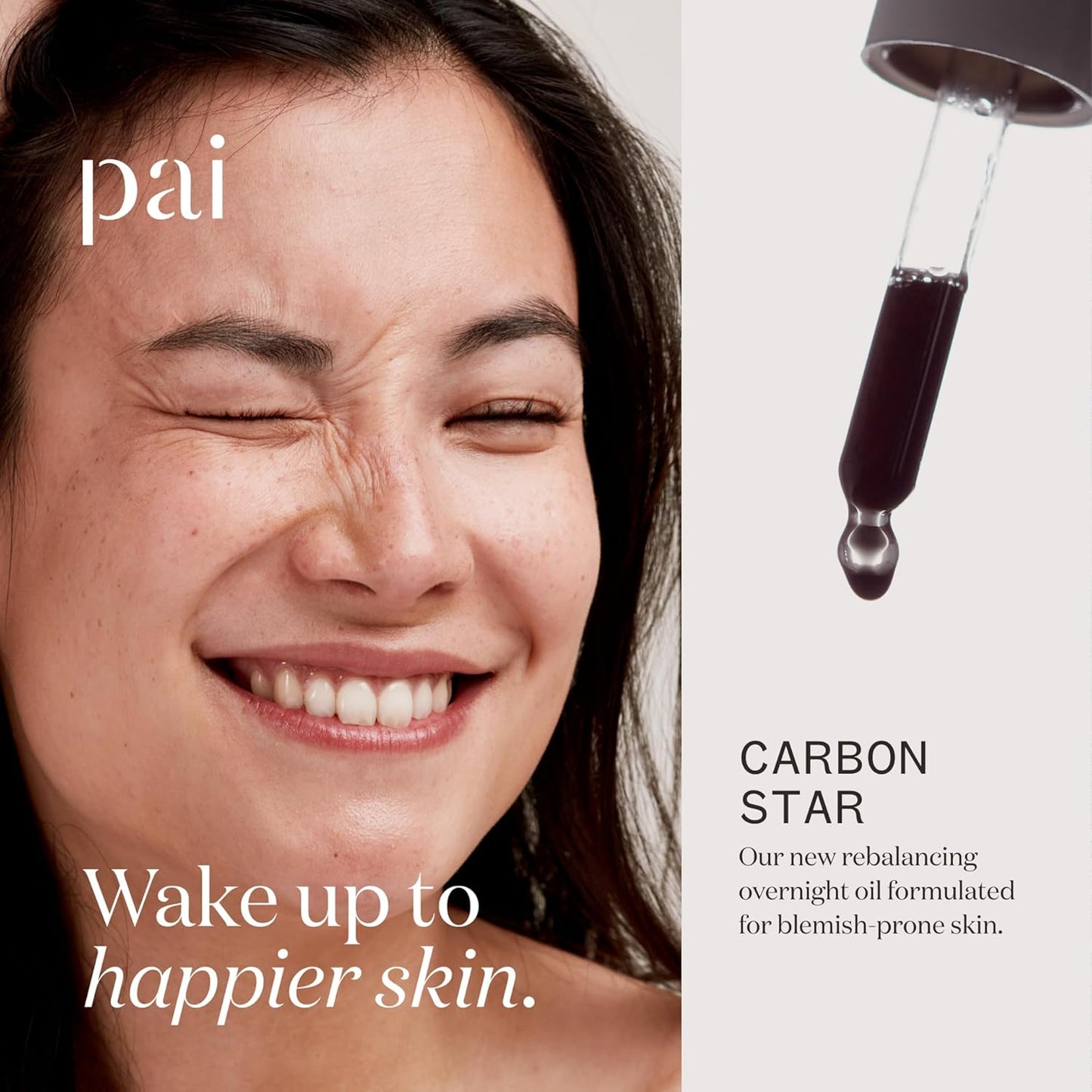 Advertisement for pai Carbon Star skincare product with a woman's face and dropper.