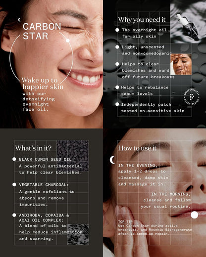 Pai Promotional graphic for Carbon Star face oil with text on benefits, ingredients, and usage.