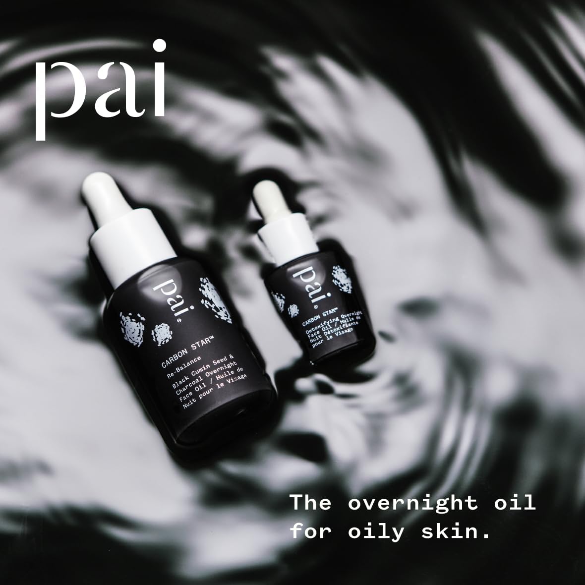 Two Pai skincare oil droppers on a blurred background with text about the product.