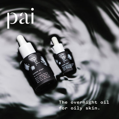 Two Pai skincare oil droppers on a blurred background with text about the product.