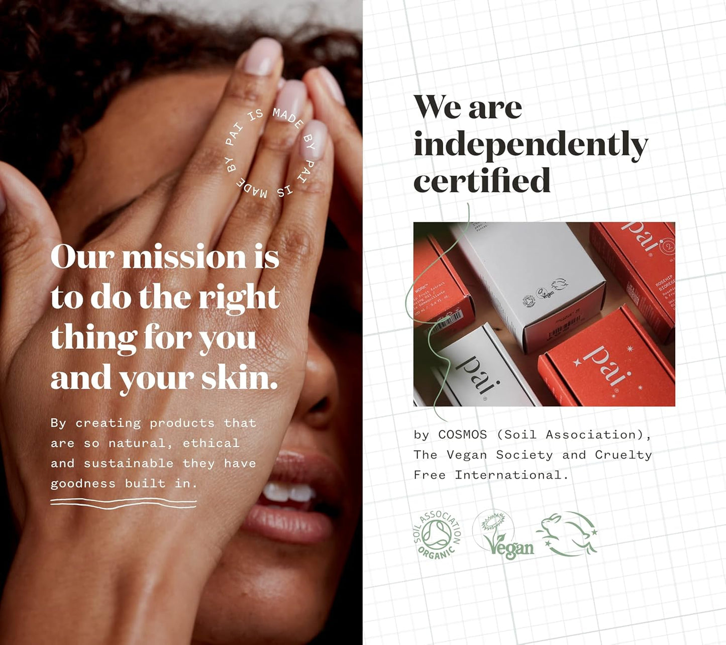 Image showcasing Pai Skincare's mission for ethical and sustainable products with certifications.
