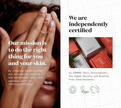 Image showcasing Pai Skincare's mission for ethical and sustainable products with certifications.