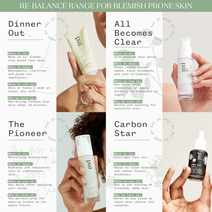 Pai Product range for blemish-prone skin with text and images of skincare items.