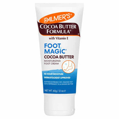 Palmer's Cocoa Butter Formula Foot Magic 60g tube, moisturizing foot cream with Cocoa Butter, Peppermint Oil, and Mango Butter.