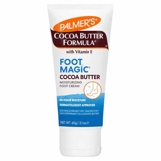 Palmer's Cocoa Butter Formula Foot Magic 60g tube, moisturizing foot cream with Cocoa Butter, Peppermint Oil, and Mango Butter.