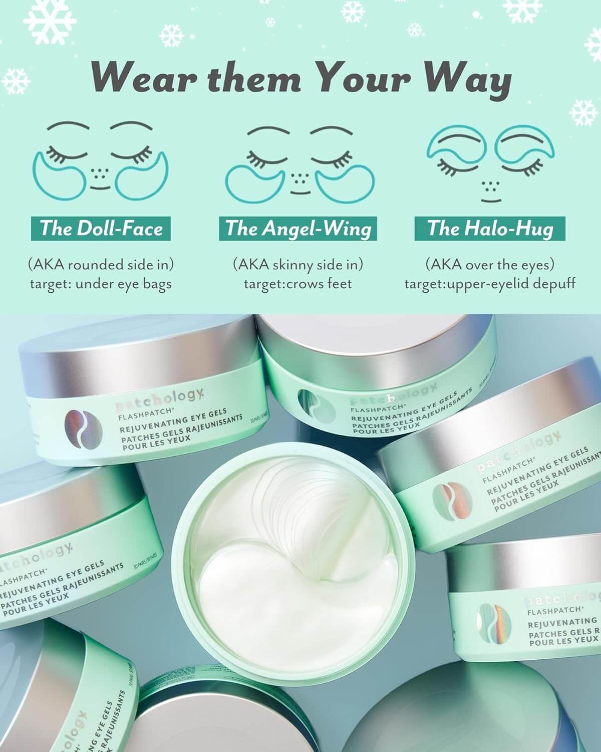 Wear Patchology Flashpatch Rejuvenating Eye Gels in three styles: Doll-Face, Angel-Wing, and Halo-Hug for targeted benefits.