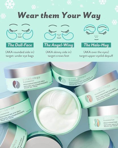 Wear Patchology Flashpatch Rejuvenating Eye Gels in three styles: Doll-Face, Angel-Wing, and Halo-Hug for targeted benefits.