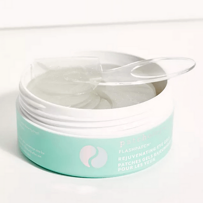 Jar of Patchology eye patches with a white lid on a white background