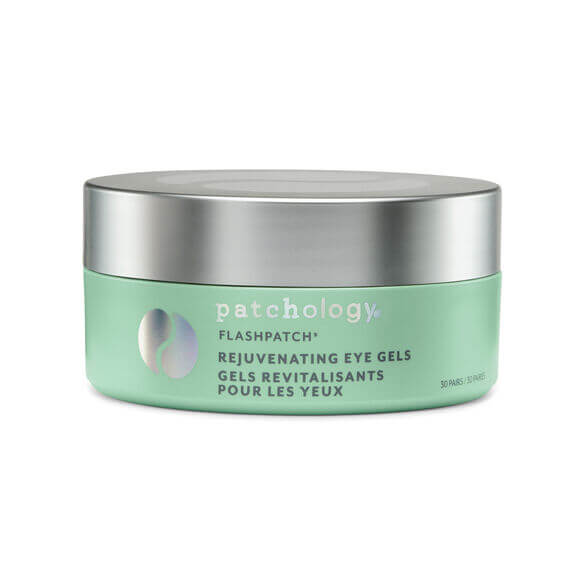 Green jar of Patchology FlashPatch Rejuvenating Eye Gels on a white background