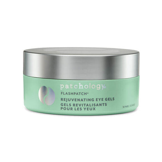 Green jar of Patchology FlashPatch Rejuvenating Eye Gels on a white background