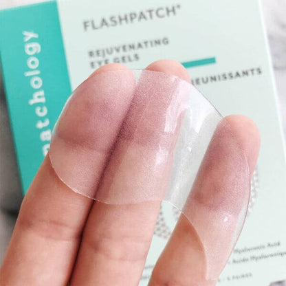 Patchology Flashpatch eye gel being applied to a person's eye area with Matchology packaging in the background.