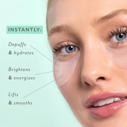 Woman's face with Patchology  eye patches labeled for skincare benefits on a light green background