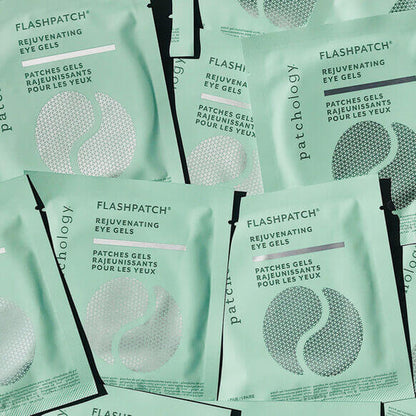 Multiple packages of Patchology Flashpatch rejuvenating eye gels on a light green background