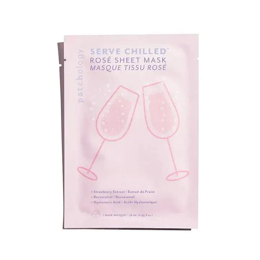 Patchology Serve Chilled Rosé Sheet Mask packaging featuring two champagne glasses design for hydrating skincare.