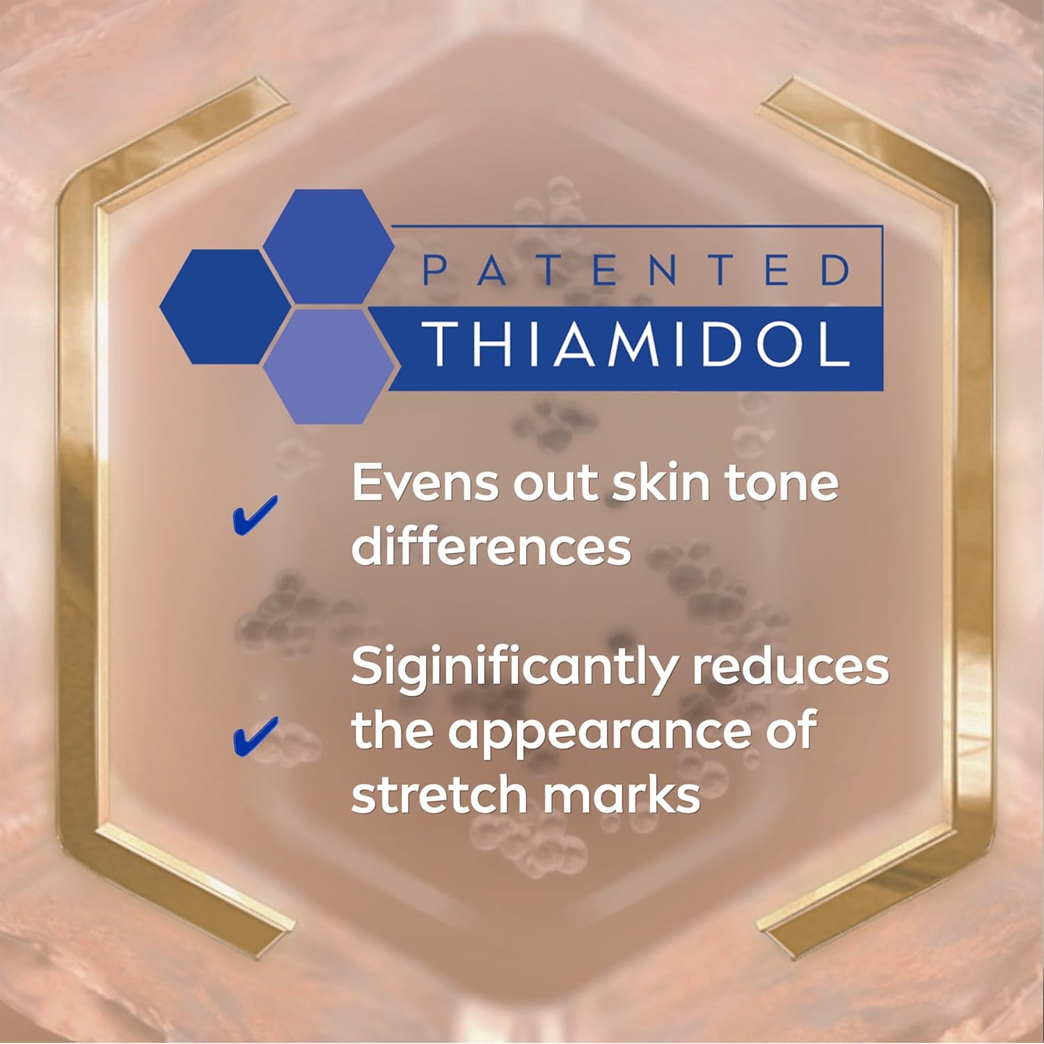 Advertisement for Thiamidol with text about skin tone evenness and stretch mark reduction on a textured background.