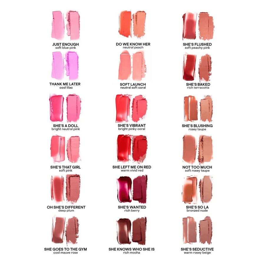 PATRICK TA  Lipstick color swatches with names on a white background