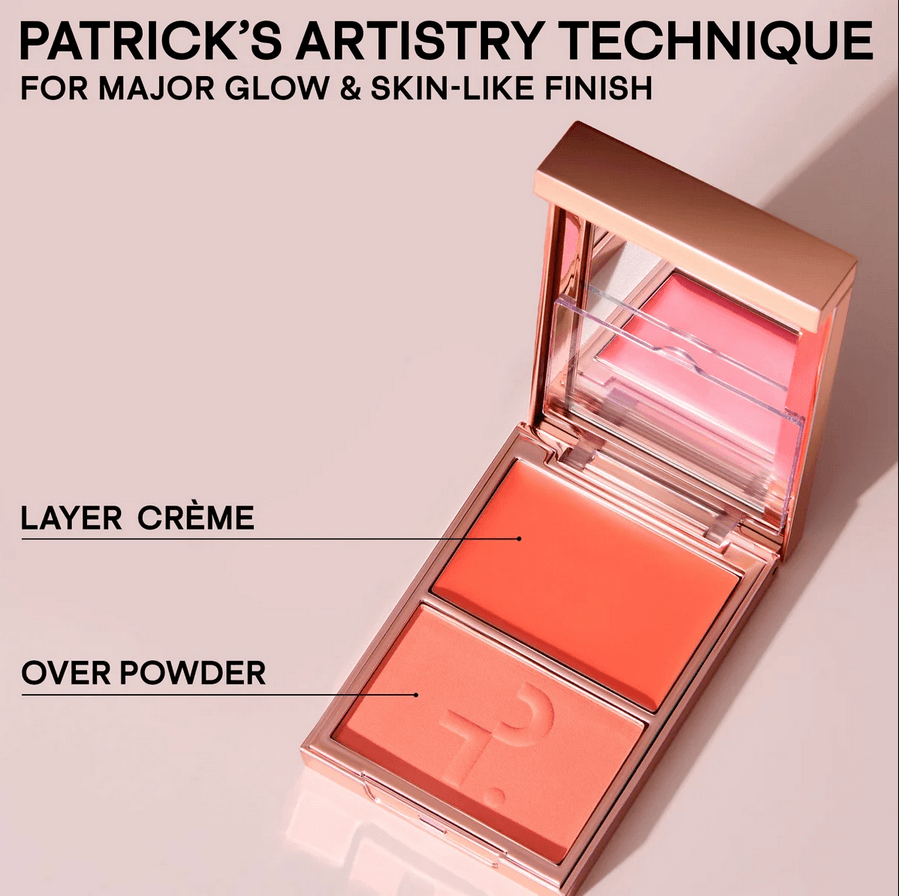 PATRICK TA Makeup product with instructions on application on a beige background