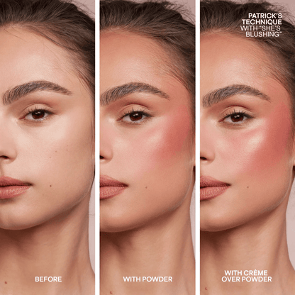 Before and after PATRICK TA makeup application on a model's face with 'Patrick's Technique' branding.