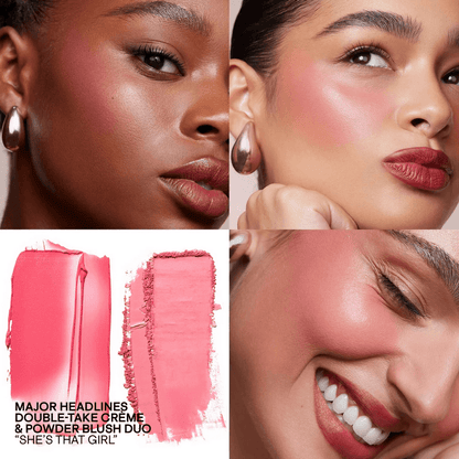 Collage of a woman with PATRICK TA  blush on her cheeks, close-up of blush swatches, and a product name label.