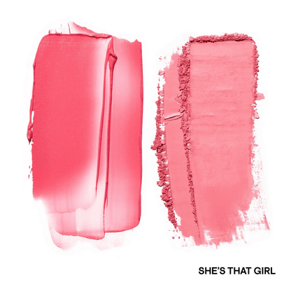 PATRICK TA  Pink lipstick swatch with 'SHE'S THAT GIRL' branding on a white background