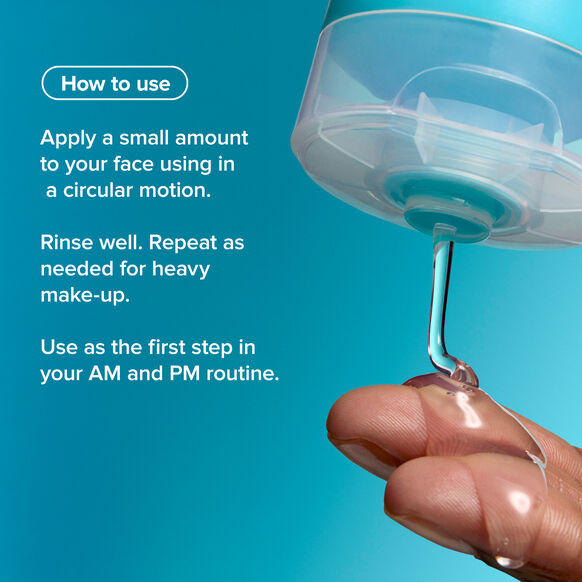 Hand holding aPaula's Choice skincare product with application instructions on a blue background