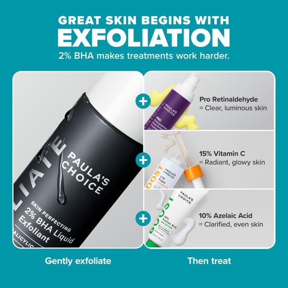 Paula's Choice Skin Perfecting 2% BHA Liquid Exfoliant with benefits of Pro Retinaldehyde, Vitamin C, and Azelaic Acid.