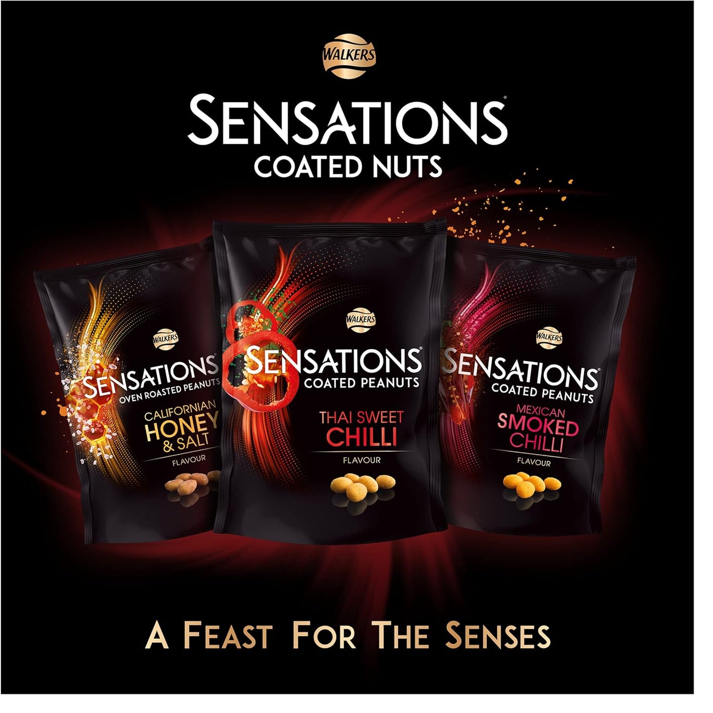Three packages of Walkers Sensations coated nuts with flavor text on a dark background.