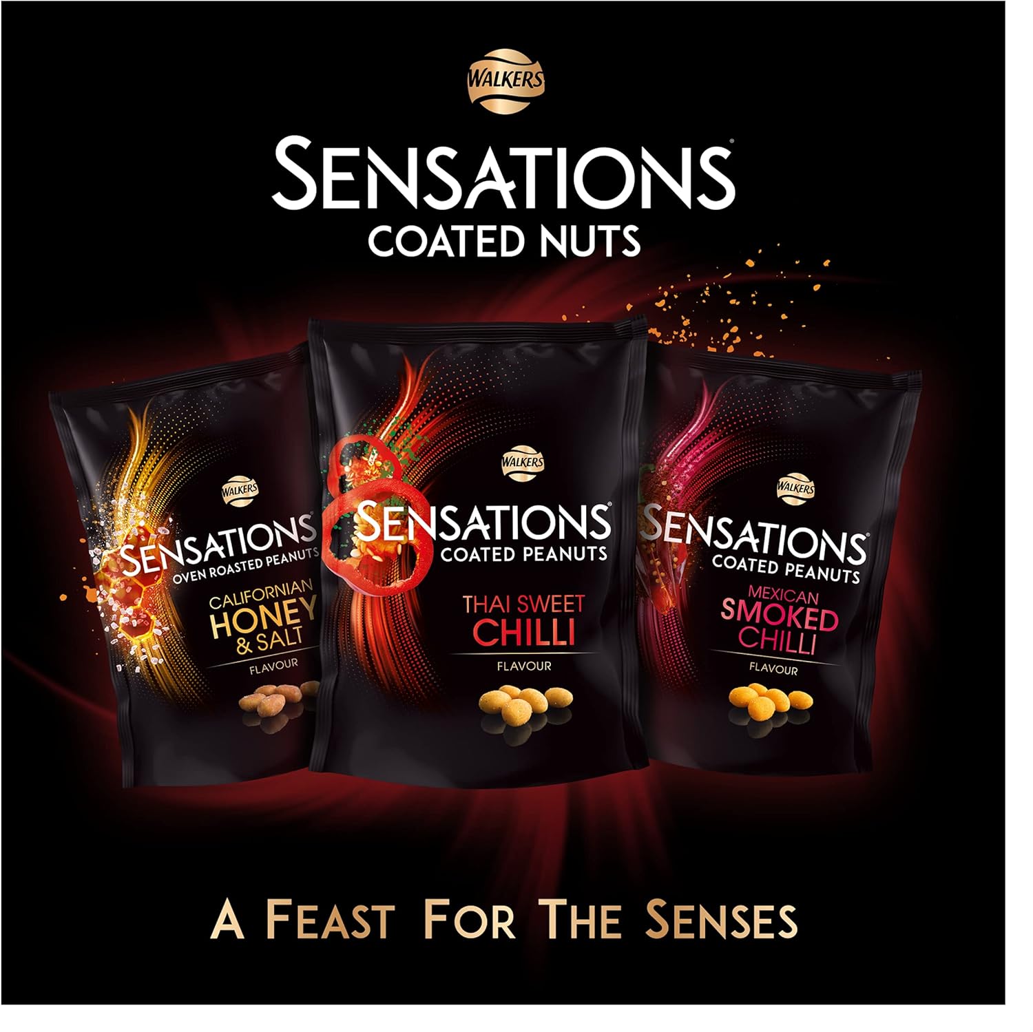 Three packages of Walkers Sensations coated nuts with flavor text on a dark background.