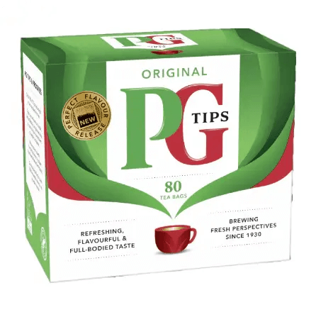 PG Tips Original Tea Bags pack showcasing refreshing full-bodied tea flavor and new shape, ideal for brewing fresh perspectives.