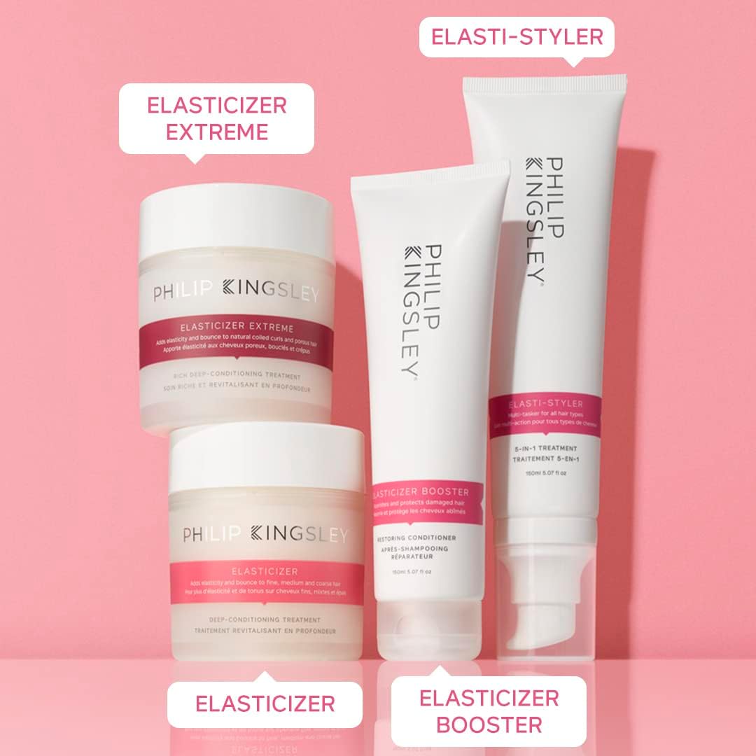 Collection of Philip Kingsley hair care products on a pink background