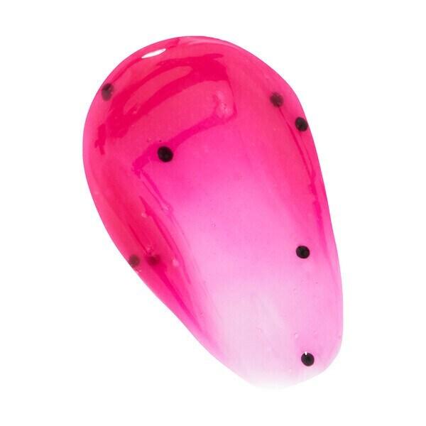 Bright pink and gradient lip oil applicator with black seeds, designed for hydrating lips with fruity flavor.
