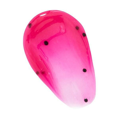 Bright pink and gradient lip oil applicator with black seeds, designed for hydrating lips with fruity flavor.
