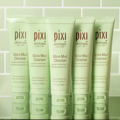 Five tubes of PIXI Glow Mud Cleanser 135ml, enriched with glycolic acid and aloe for radiant skin.