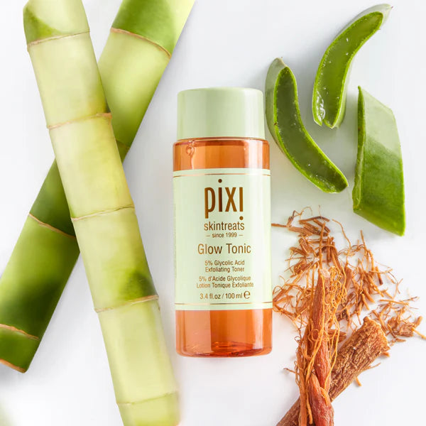  PIXI Glow Tonic bottle with aloe vera and bamboo on a white background