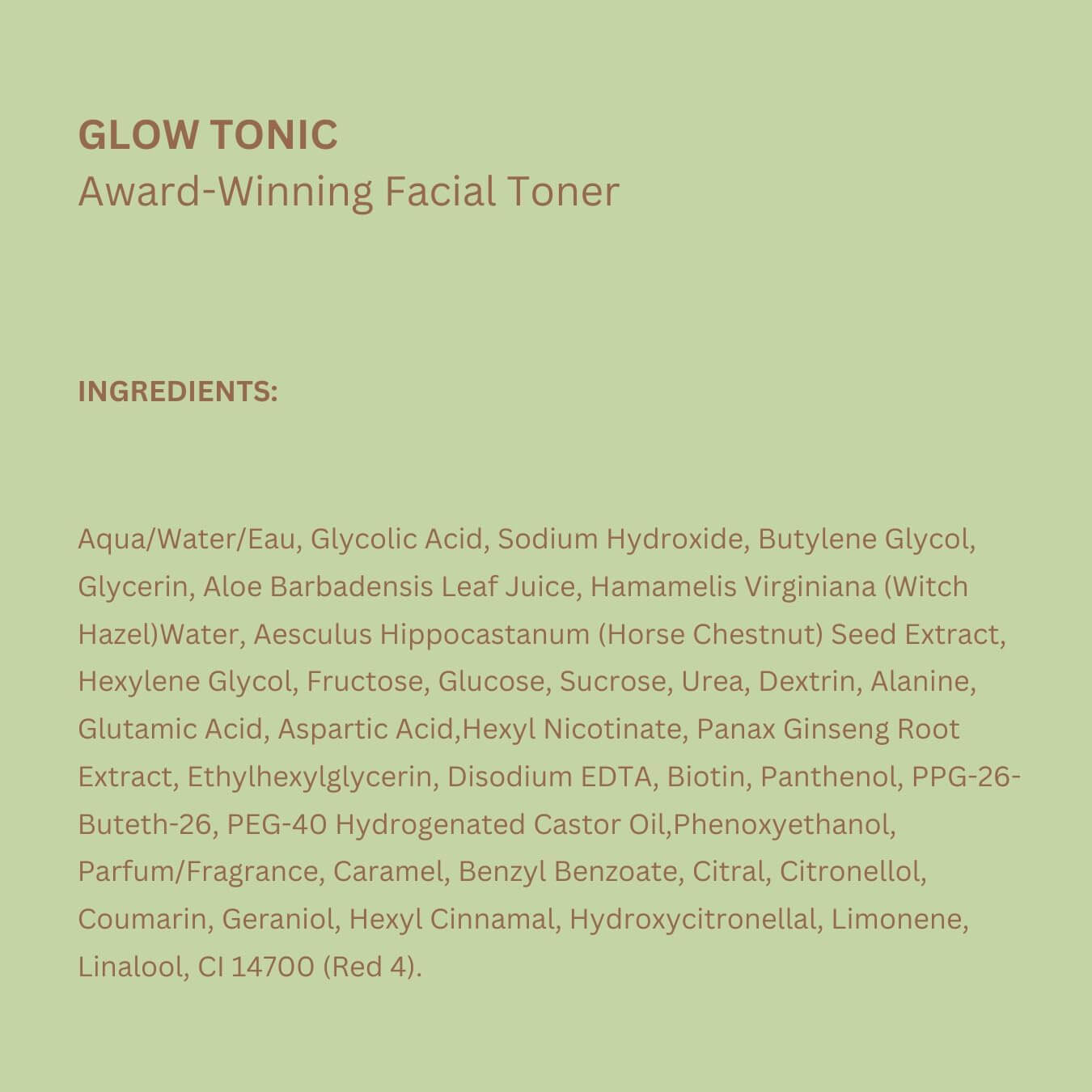 Ingredients list of Pixi Glow Tonic Award-Winning Facial Toner on a green background