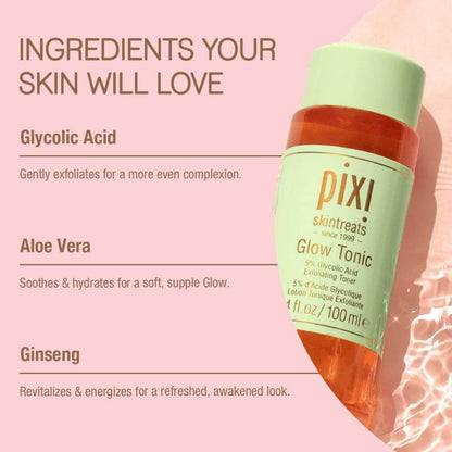  PIXI Glow Tonic bottle with ingredients listed on a pink background