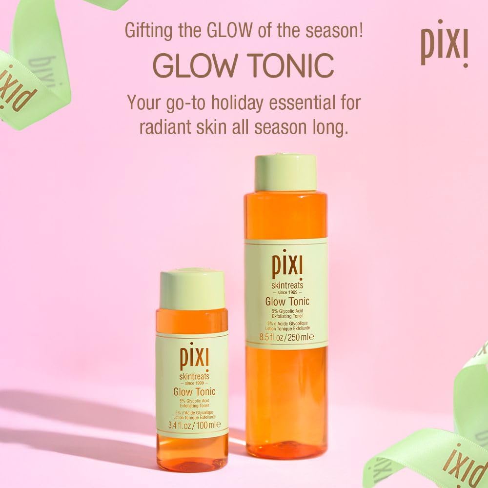 Pixi Glow Tonic bottles on a pink background with promotional text.