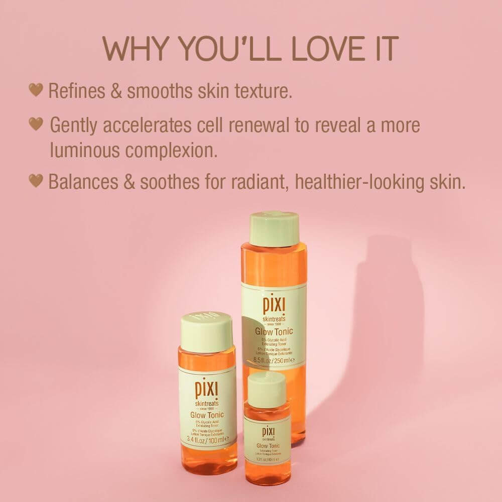 Pixi Glow Tonic bottles with product benefits on a pink background