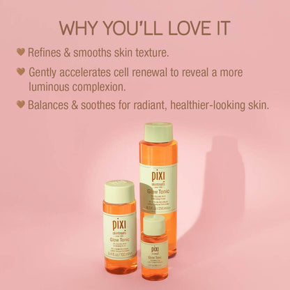 Pixi Glow Tonic bottles with product benefits on a pink background