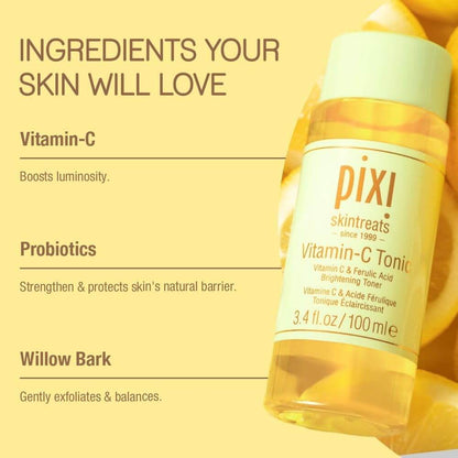  PIXI Vitamin-C Tonic bottle with ingredients listed on a yellow background