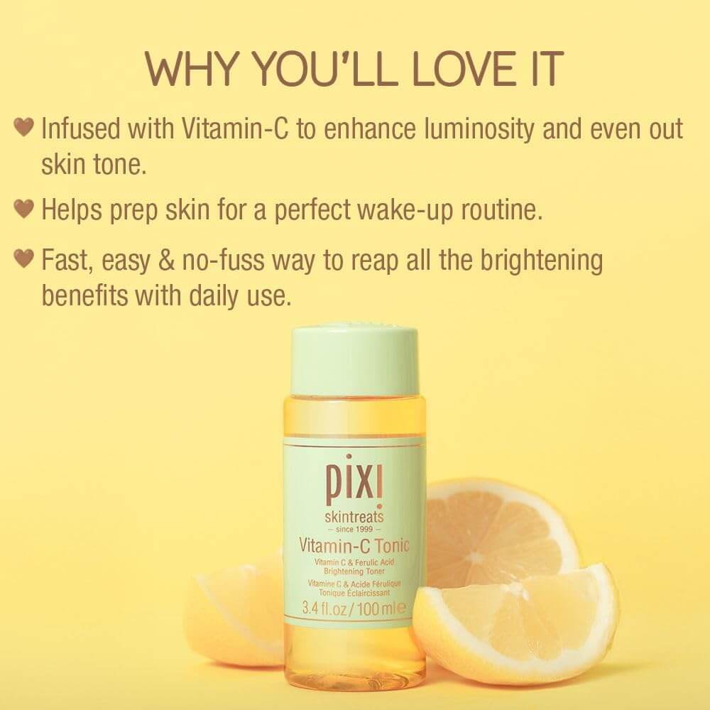 Pixi Vitamin-C Tonic bottle with lemon slices on a yellow background