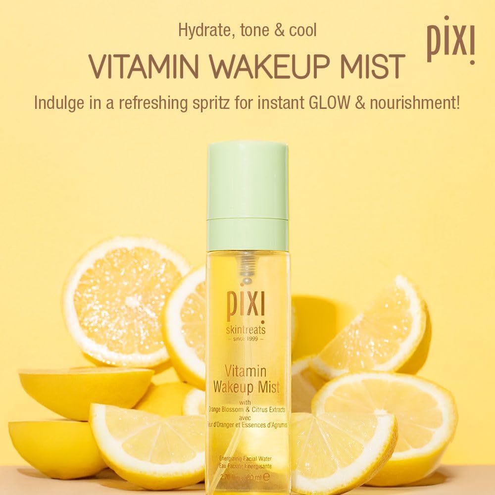 Pixi Vitamin Wakeup Mist bottle with lemon slices on a yellow background