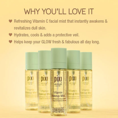 Pixi Vitamin C facial mist bottles with product description on a beige background