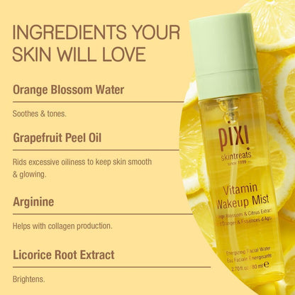  PIXI Vitamin Makeup Mist bottle with lemon slices on a yellow background, featuring product ingredients.