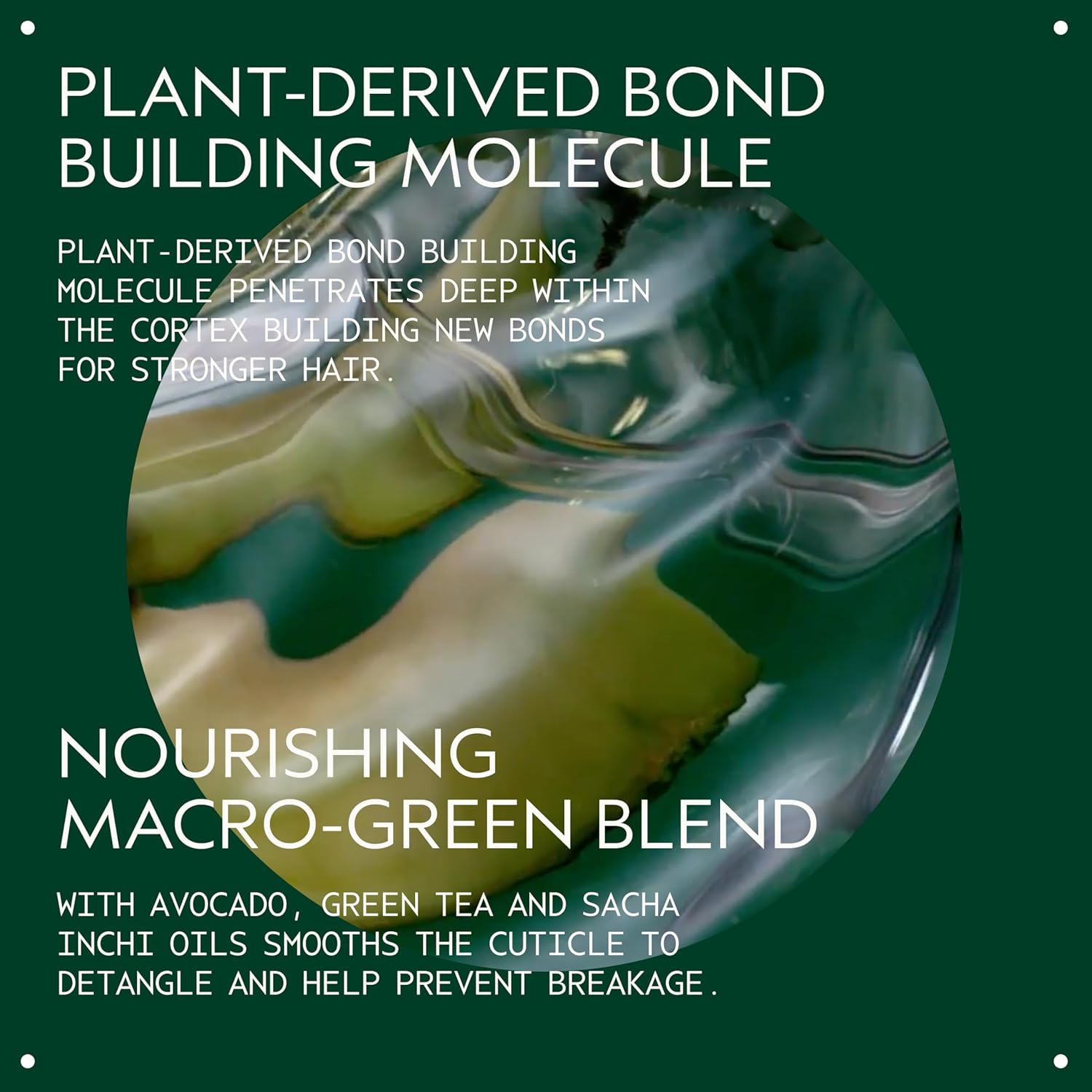 Aveda Product advertisement for a plant-derived bond building molecule with text on a green background